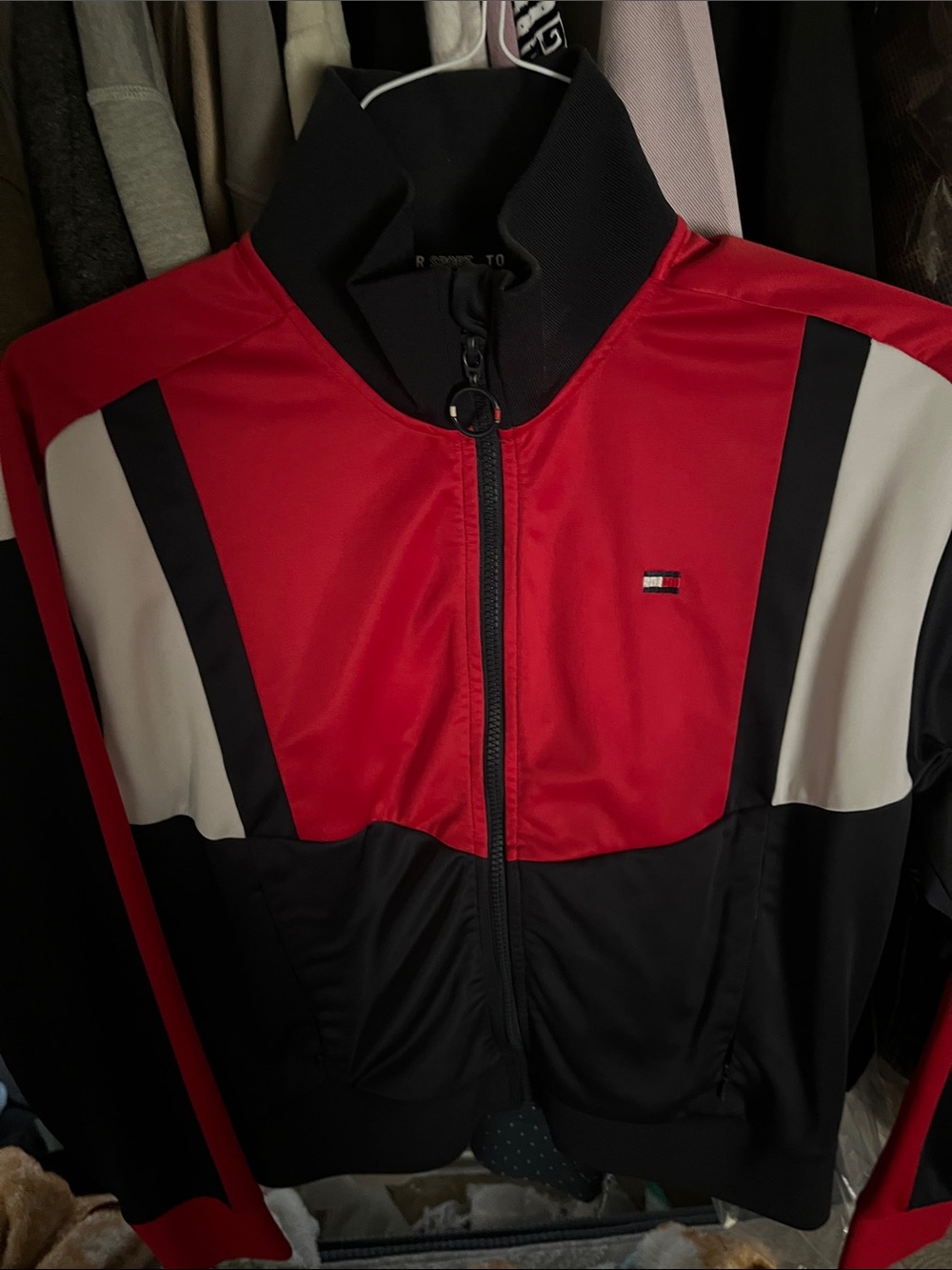 Tommy Hilfiger Red, Black & White Colorblock Bomber Jacket